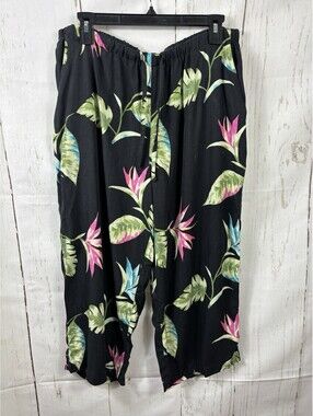Valerie Stevens 100% Silk Cropped Pants Sz XL Capris Wide Leg Floral Tropical